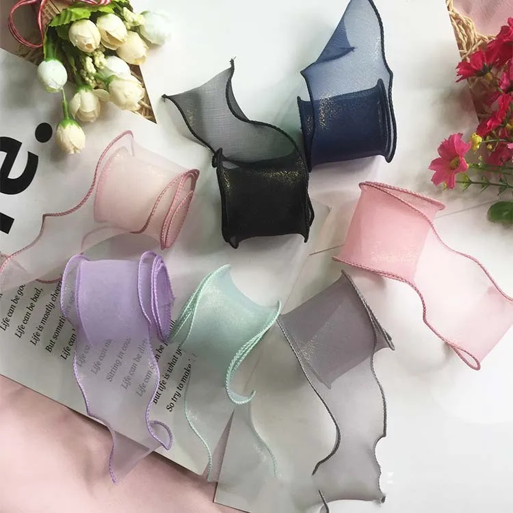 Kewgarden 50 мм " волнистые боковые ленты из вуали DIY бантик для волос аксессуары вручную изготовленная лента горячее тиснение атласные ленты 35 метров