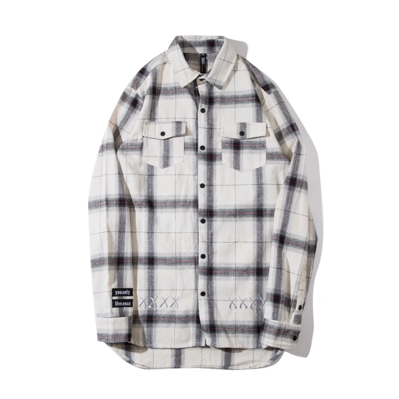 

High Street Hiphop Long Sleeve Plaid Shirt Female Hip Hop Loose Embroidery Alphabet Bf Couple Shirt Womens Tops and Blouses 50cs