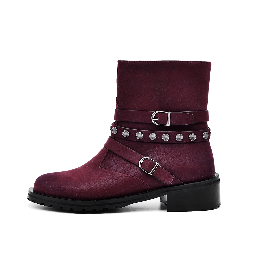 HARAVAL/зимние женские ботильоны в байкерском стиле; роскошные кожаные ботинки с круглым носком на квадратном каблуке; модная обувь с пряжкой; теплые Классические мягкие ботинки - Цвет: Short Plush