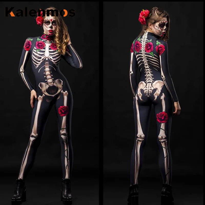

KALENMOS Halloween Costumes Sexy Jumpsuit Women Elastic Party Cosplay Masquerade Terror Rose Long Sleeve Rave Festival Bodysuit