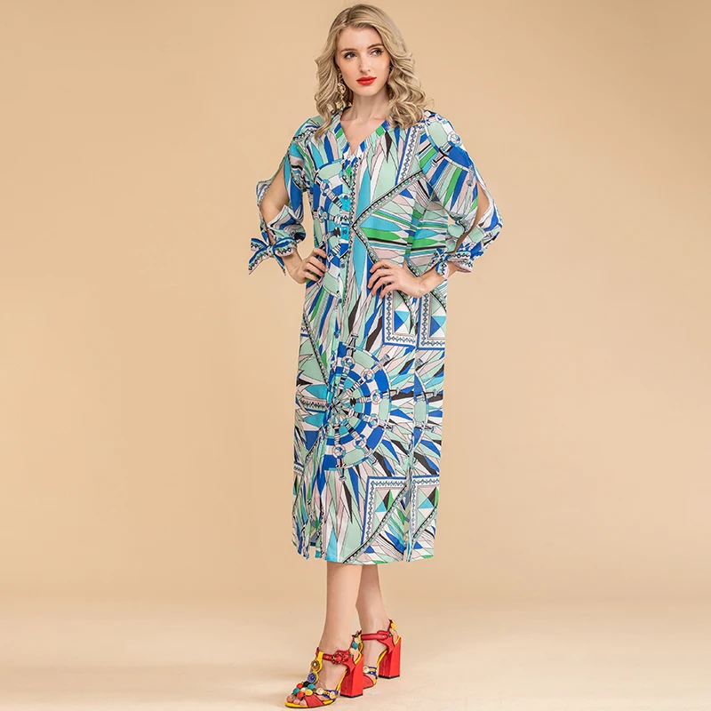 LD LINDA DELLA Autumn Fashion Loose Plus Size Dress Designer Women V-Neck Single-breasted Print Holiday Vintage Midi Dress