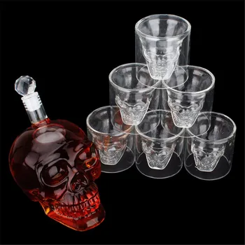 

7pcs/set Transparent Skull Bottle Cup Set 1pc 700ml Crystal Glass Bottle with 6pcs 75ml Head Shot Glass Cup Mug For Wine Whiskey
