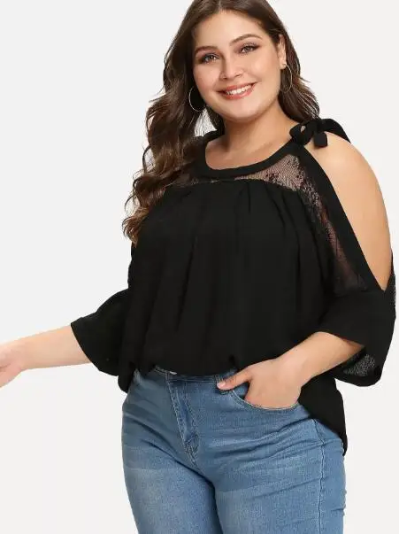New Products Large Size Dress Bat Lace Joint Bow Solid Color Off-shoulder Tops 5016