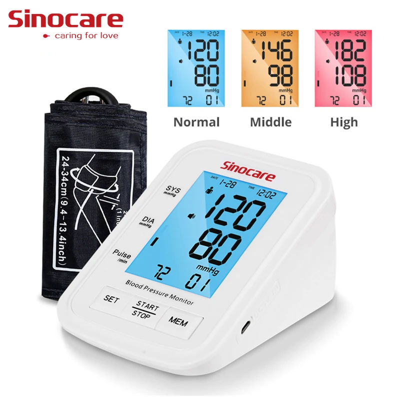 Blood Pressure Monitor Blood Pressure Meter Sinocare Arm Automatic BP Sphygmomanometer with 3-Color LCD Display Intelligent Tonometer