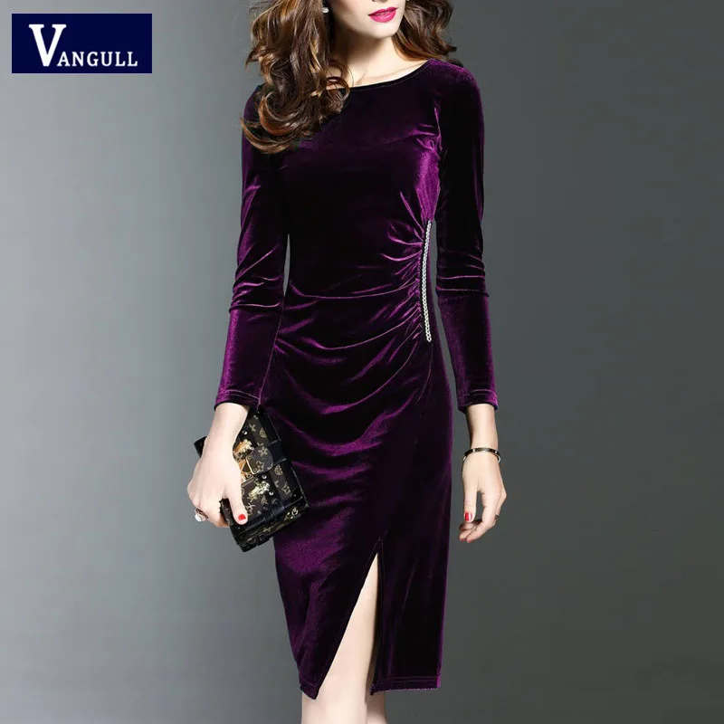 Purple Slash neck Vangull женское бархатное платье, однотонное элегантное женское платье с разрезом и рюшами, новинка, Осень-зима, длинные платья, женская одежда - Цвет: Purple Slash neck
