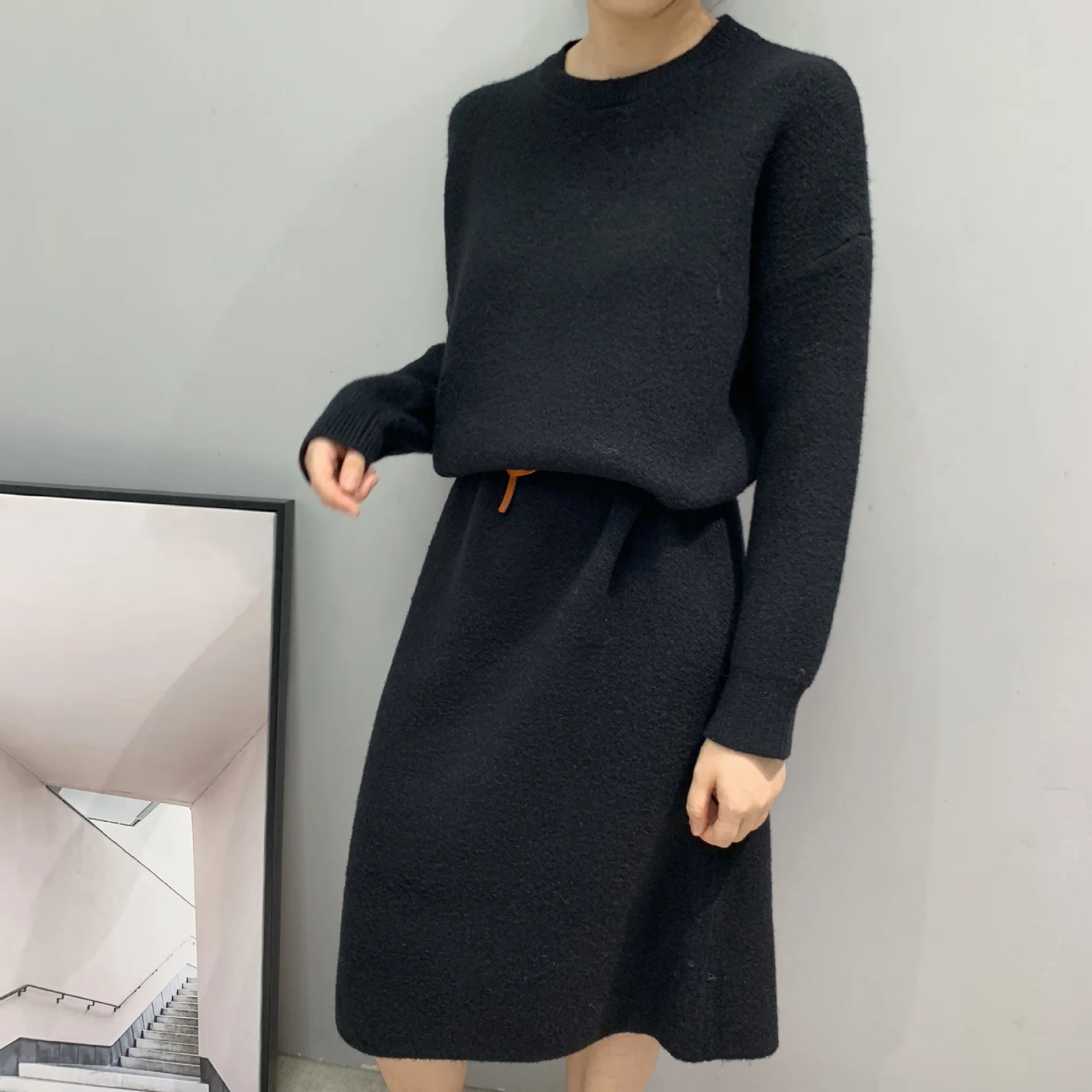 Women's Autumn Winter Long Sweater Dress New Solid Thick Dress Round Neck Long Sleeve Knit Dress Female - Цвет: black