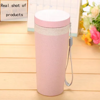 

300ml Portable Handy Water Cup Wheat Straw Double-layer Protection Cup With Rope Leakproof Student Cup