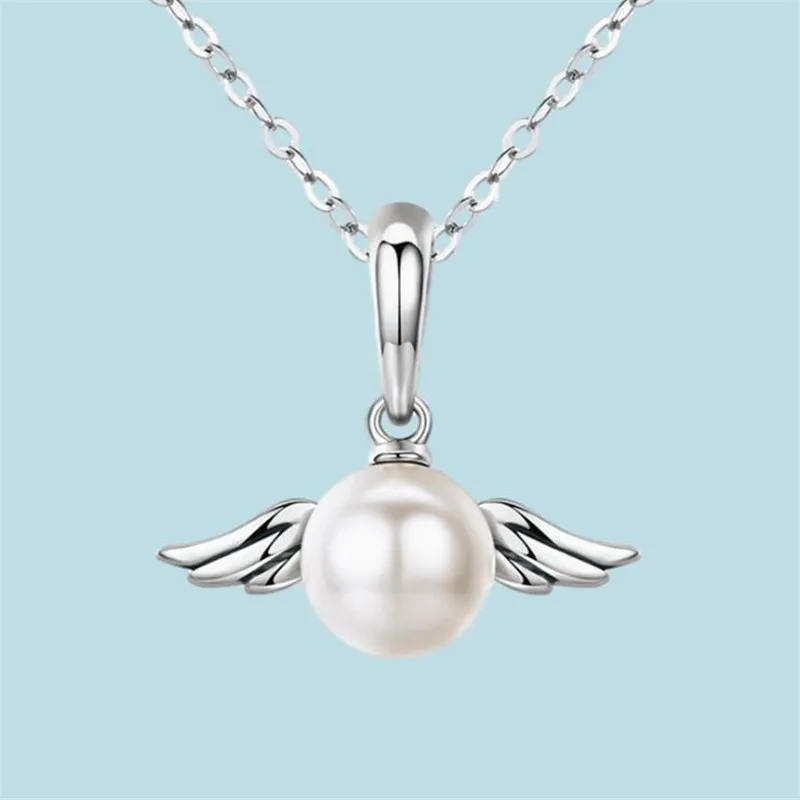 Natural Freshwater Pearl Peandant Simple Exquisite 925 Sterling Silver Jewelry Sweet Angel Wings Clavicle Chain Necklaces XL156
