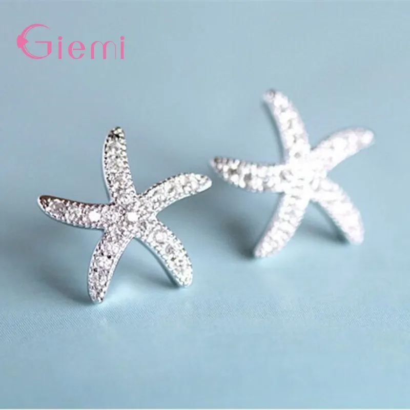 Hot Sale Korean Starfish Women Stud Earring 925 Sterling Silver Clear Rhinestone Crystal Handemade Brincos Pendiente