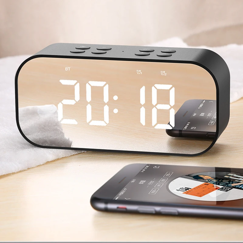 black Новинка, Bluetooth, динамик, настольные часы, светодиодный, время повтора, будильник для ПК, ноутбука, телефона, дома, мода, зеркало, настольный динамик, часы - Цвет: black