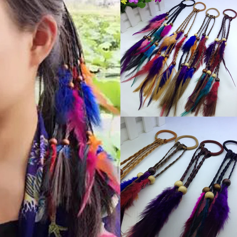 

4Pcs Handmade Boho Hippie Hair Extensions with Feather Clip Comb Hairpin Headdress DIY Accessories for Women Lady (Mixing Color)