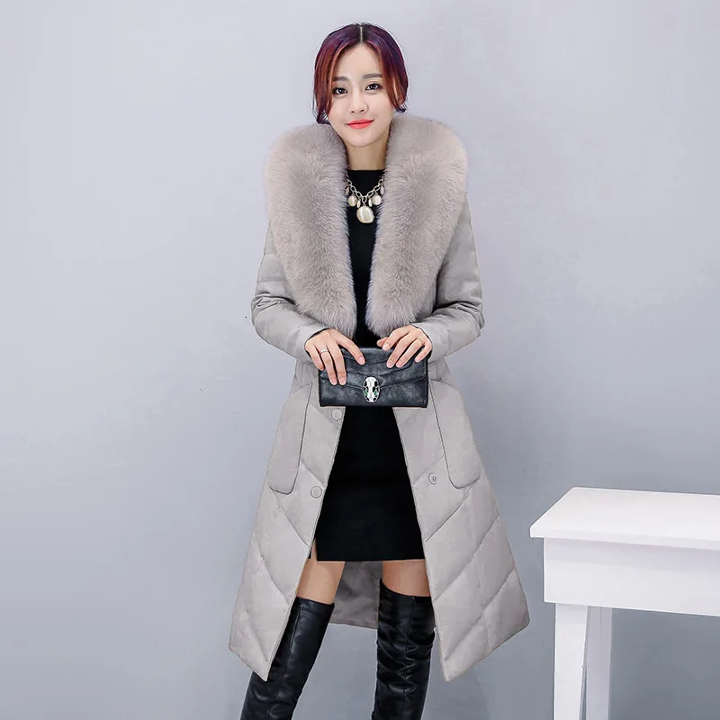 Winter Women Pu Leather Down Jacket Sashes Office Ladies Slim Fit Warm Outerwear Overcoat Fur Collar Long Coat Casaco Feminino
