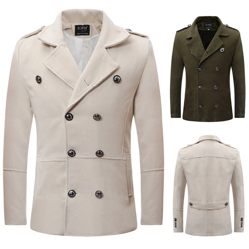 Solid Color Mens Trench Coat Double Breasted Lapel Neck Skinny Mens Coat Winter Casual Mens Clothing