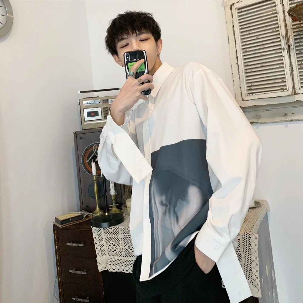 Printed Long Sleeve Men Shirts Slim White Korean Male Fashion Ulzzang Youth Indie Pops Loose Casual Fashion Men Clothes B50 Casual Shirts Aliexpress