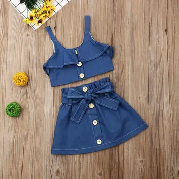 

2PCS Baby Girl Summer Clothes Set Bull-puncher skirt Dress Outfits Set Fashion Sleeveless Solid Color Strap Romper clothing 1-6y