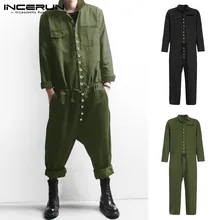 INCERUN, мужские комбинезоны Карго, уличная одежда, комбинезоны, с отворотом, с длинным рукавом, на пуговицах, повседневные, одноцветные, с карманами, Мужские штаны, повседневный комбинезон, S-5XL