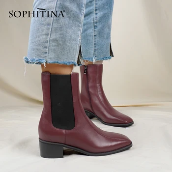 

SOPHITINA Women's Chelsea Boots Zipper Wine Red Square Toe Elegant Autumn Winter Bootie Fashion 2020 New Women Shoes PC803