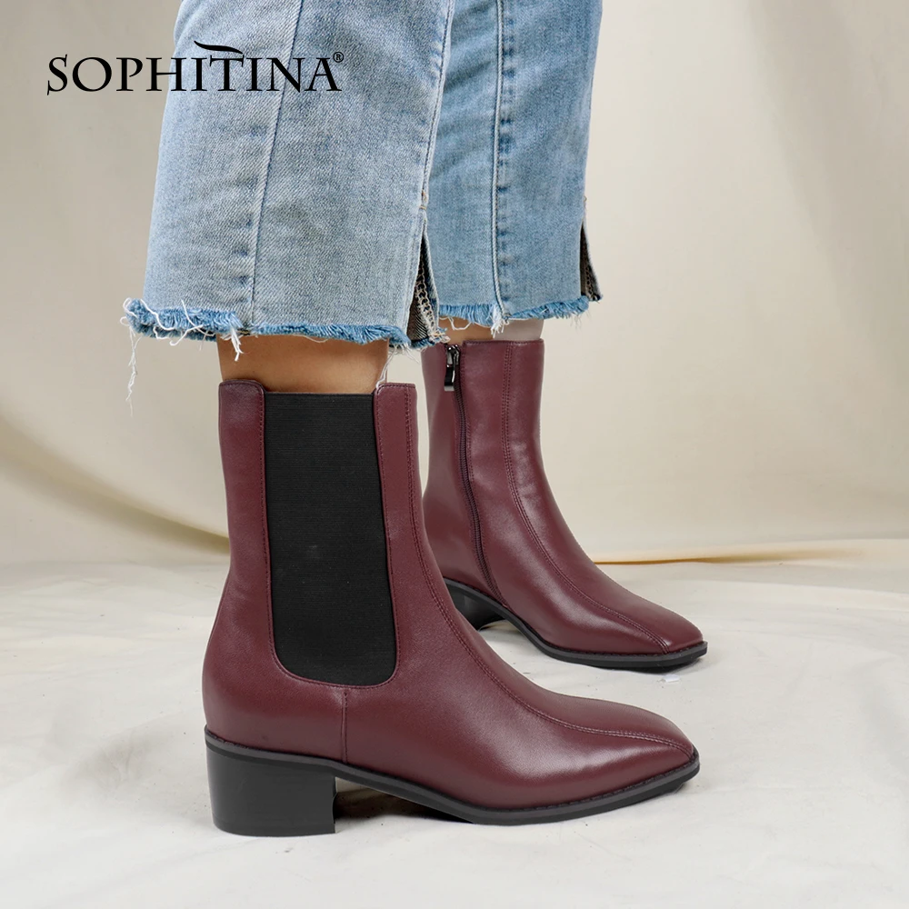 SOPHITINA Women's Chelsea Boots Zipper Wine Red Square Toe Elegant Autumn Winter Bootie Fashion 2020 New Women Shoes PC803