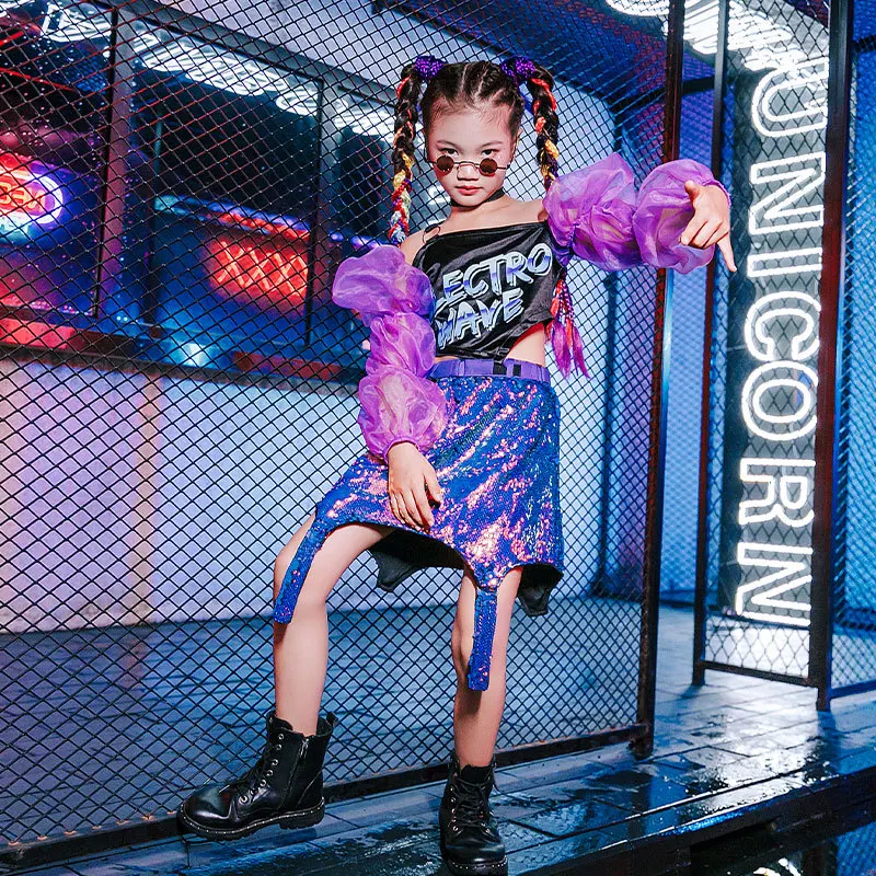Modern Dance Purple Mesh Sleeve Clothes Sequin Skirt For Girls Jazz