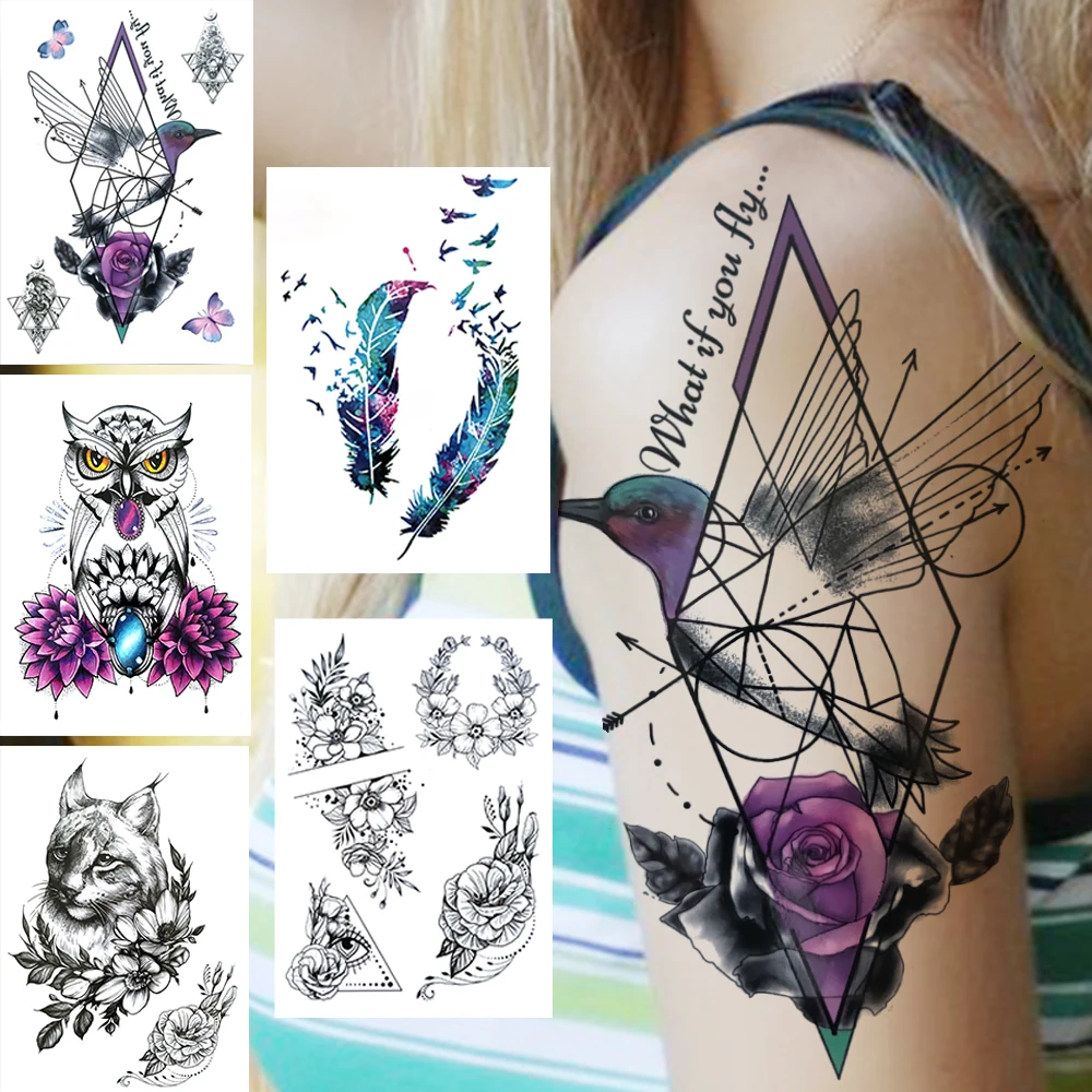 

Geometric Hummingbirds Temporary Tattoos For Women Men Adults Fake Feather Owl Flower Tattoo Sticker Black Cat Bird Tatoos Paper