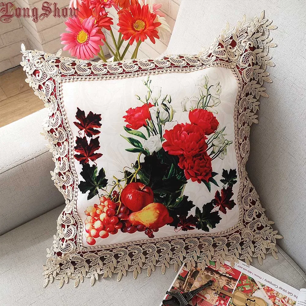 

45x45cm Square Home Decorative Pastoral Style Fruit Printing Embroidered Lace Polyester Pillow Case