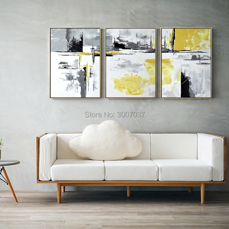 

Handmade Abstract Oil Paintings 3 piece art Black Yellow Canvas Painting Minimalist style Wall Art For Bedroom Aisle Studio