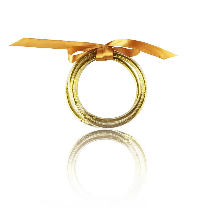 

GOLD Glitter Filled Bangles Set Women Stack Silicone Circle Bowknot Jelly Bangles Christmas Bracelet Jewelry 5 Pcs/Set