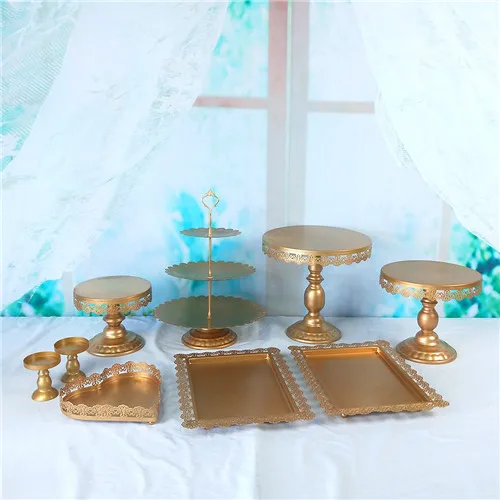 9pcs Tobs metal gold cake stand set for wedding cup cake holder decorating tools candy bar stand tray suppliers - Цвет: 9pcs