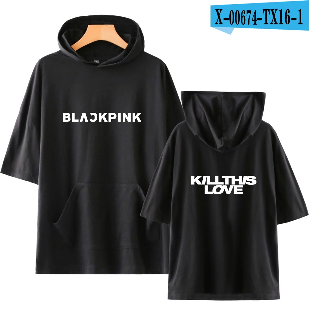 Kpop черная розовая футболка с капюшоном для мужчин/женщин, футболка с коротким рукавом, модная одежда с капюшоном - Цвет: black