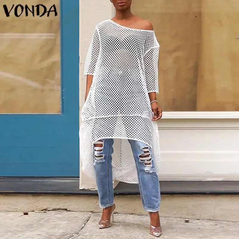 

VONDA Summer Hollow Out Maternity Blouses 2020 Women Casual 3/4 Sleeve Solid Color Tops Femme Beach Shirts Bohemian Blusas