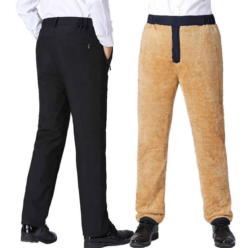Men's Casual PANTS Winter High waist three Layer Plush and Thickened Warm pants for Old Men Outwear Trousers