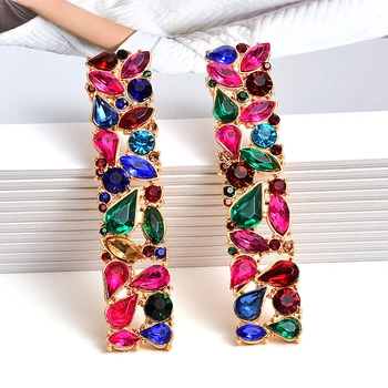 New Rectangle Metal Colorful Rhinestone Long Drop Earrings Studded Full Crystals Fine Jewelry Accessories For Women Wholesale