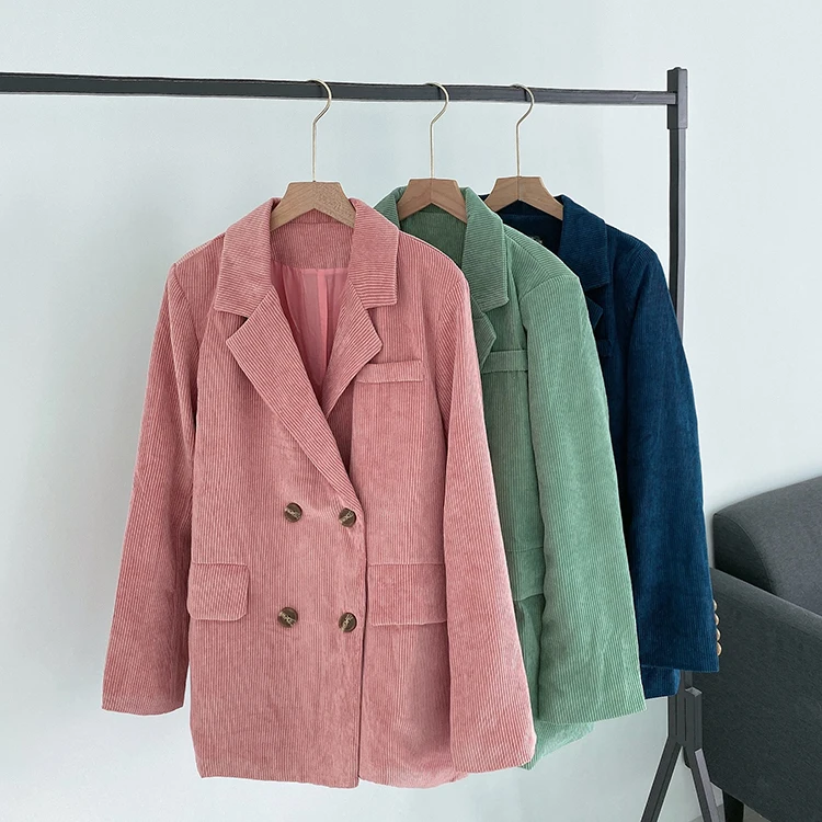 

Plus Size 4XL Loose Double Breasted Women Blazer Pockets Jacket Female Retro Suits Coat OL Corduroy Blazers Outerwear WB69