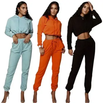 

Women Two Piece Outfits Sexy Long Sleeve Clothes Solid Hooded Crop Hoodie Casual Women's Clothing 2 Piece Outfits Set