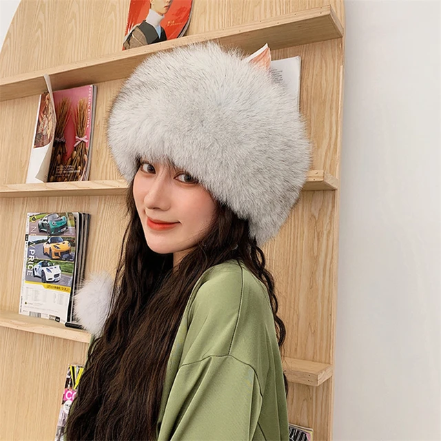 100% de piel de zorro Natural gorro ruso Ushanka para mujer, gorro cálido y  esponjoso con cola de estilo Popular, gorro de piel Real a la moda para