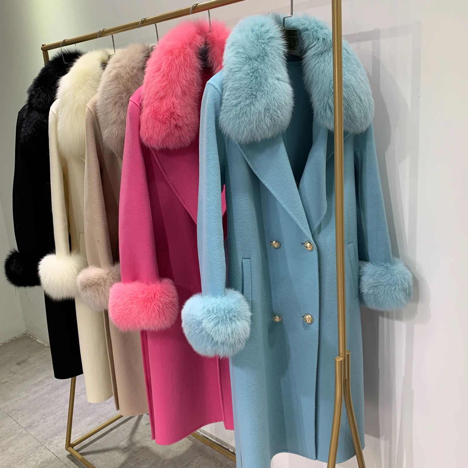 JAZZEVAR winter Coat Elegant Women Luxurious Natural Fox Fur Jacket X-Long  Cashmere double faced Wool Outerwear Ladies coats Color: Sky Blue, Size: M