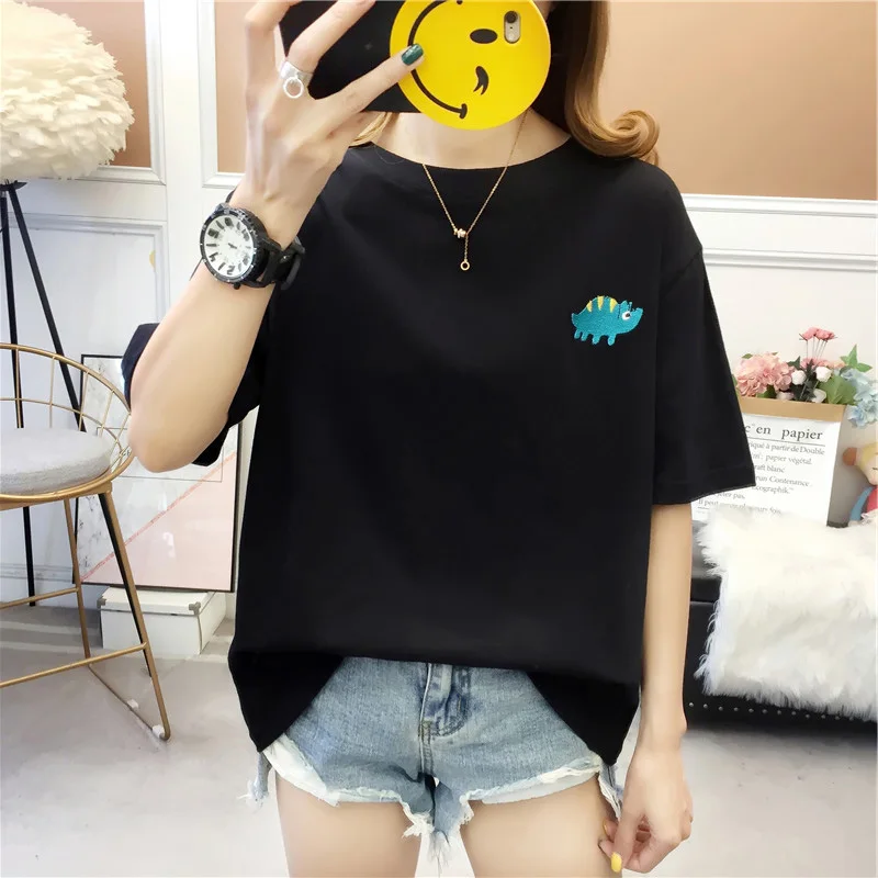 Футболка женская универсальная свободного покроя с вышивкой и коротким