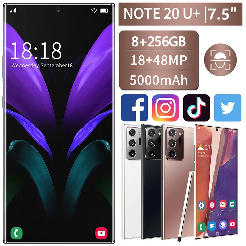 Новый Note20U + смартфон большой Экран 7 5 дюймов 10-ядерный MTK6889 5000 мАч пера 8 256 ГБ HD
