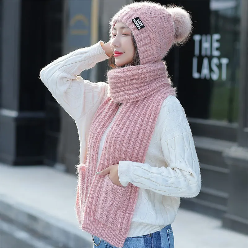 Женская шапка шарф набор одна шерстяная шапка женская зимняя Корейская версия дикого вязаного шарфа шапка женская защита ушей теплая утолщенная - Цвет: pink