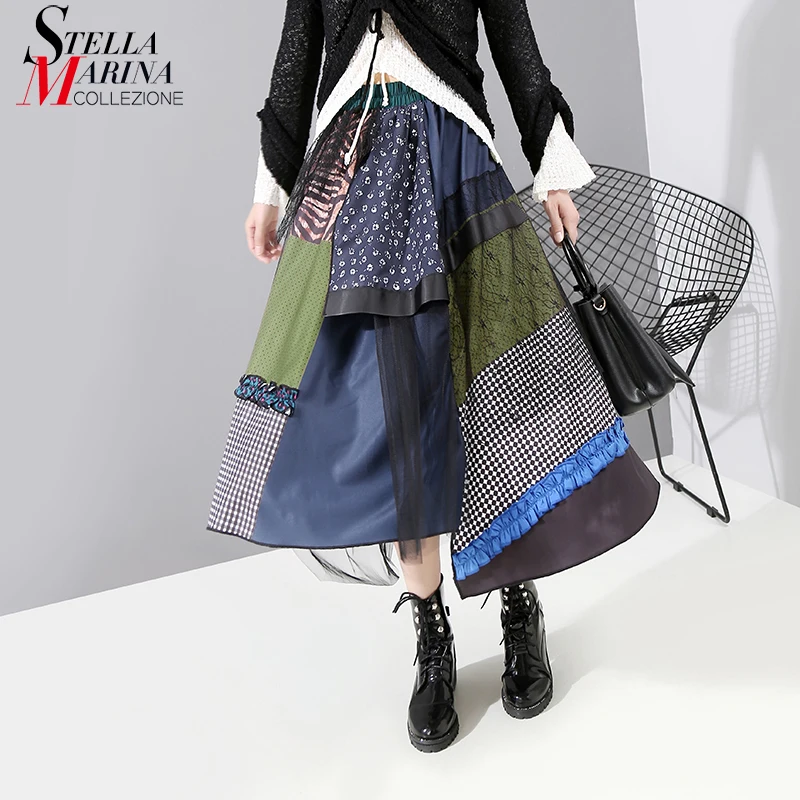 

2019 Women Autumn Asymmetrical Skirt Multicolor Printed Mesh Joined Elastic Waist Ladies Stylish Korean Style Party Skirts 5440
