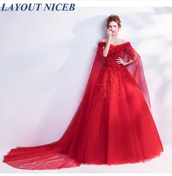 

Tulle Red Evening Dress with Cloak Vestidos de fiesta de noche Custom Made Lace Applique Flowers Formal Gown