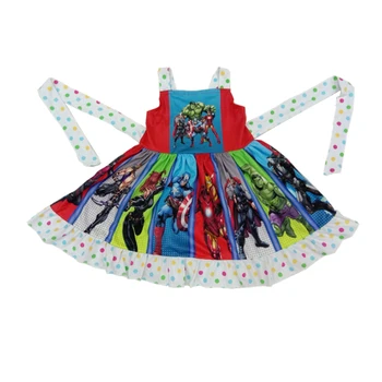 

Boutique kids clothes colorful dots wave with colorful heroes dress for cool girls