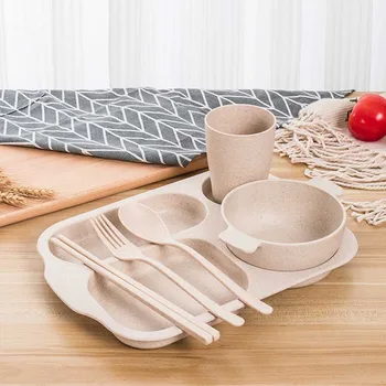 

6pcs Eating Divided Dish Baby Tableware Set Home Student Feeding Food Wheat Straw Dinner Plate Cup Training Children Dinnerware