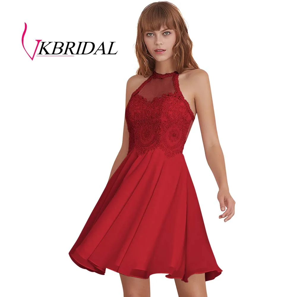VKBRIDAL сексуальные короткие платья на выпускной модные шифоновые аппликации из бисера розовые платья для выпускного вечера - Цвет: Красный