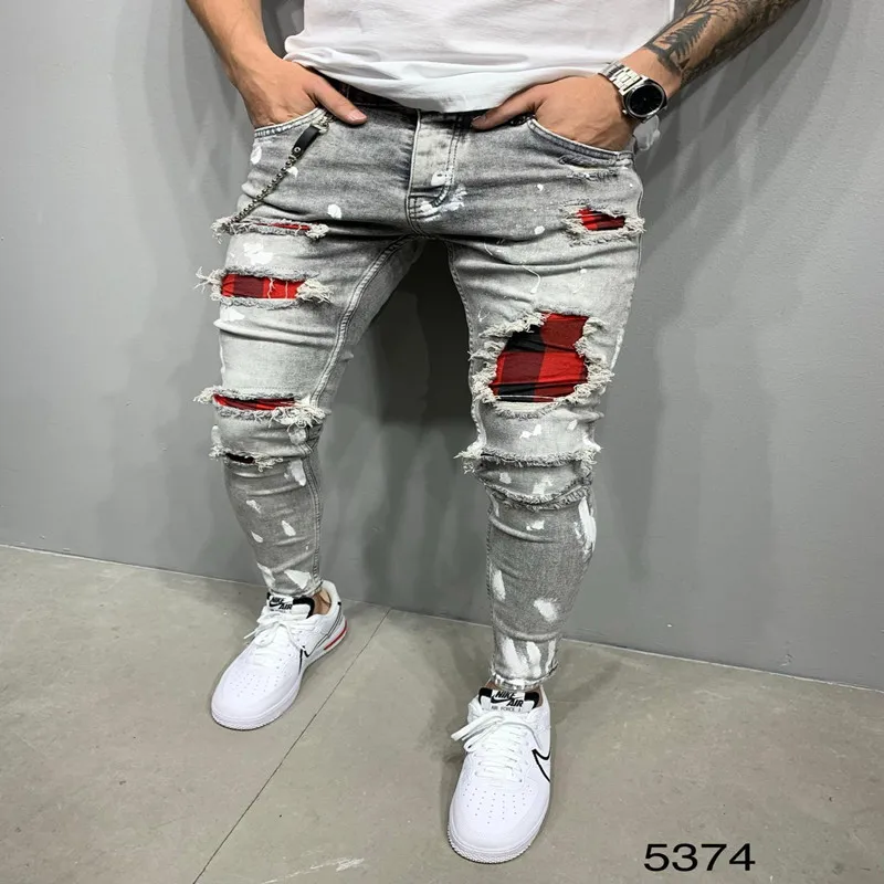 2021 New Men's Slim-Fit Ripped Jeans Painted Patch Beggar Pants Jumbo Hip Hop Elastic Force Pencil | Мужская одежда