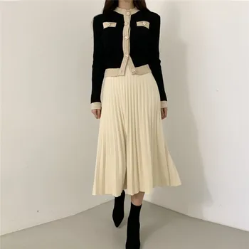 

Comelsexy Kintted Skirt Suit Spring Autumn Women 2 Piece Set Pearls Button Cardigans Sweater Pleated Long Skirt Set Big Swing