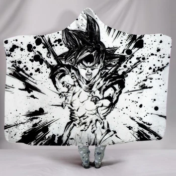 

Black White Sherpa Fleece Hooded Blanket Teen Wearable Throw Anime Dragon Ball Print Warm Blanket for Winter Nap Travel Blanket