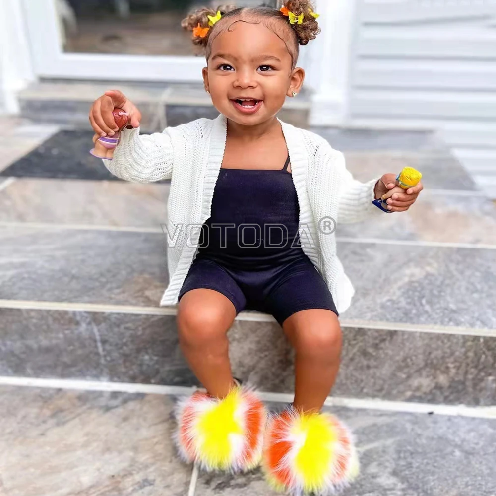Fur Slides Kids Furry Children Real Fur Slippers Strap Fluffy Raccoon Flip Flops Baby Sandals Girls Cute Funny Shoes Toddler kids slippers plush slippers kids sandals