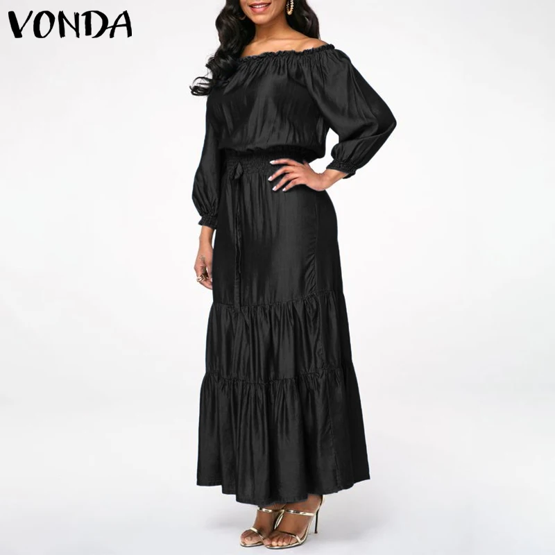 VONDA, женское платье,, рукав-фонарик, богемный стиль, сарафан, повседневное, свободное, Vestidos размера плюс, сексуальное, с открытыми плечами, макси, длинное платье, S-5XL