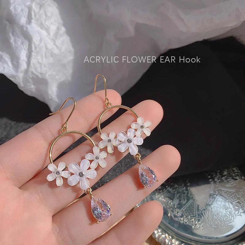 

Elegant Korean Acrylic Flower with CZ Zircon Dangle Drop Earrings for Women Female Fashion Statement Trendy Hanging Earring Gift